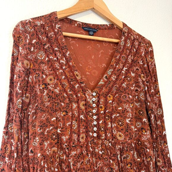 American Eagle Boho Floral Print Rust Blouse Size Large - Picture 2 of 9